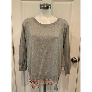 Lauren Ralph Lauren Gray Sweater W/ Sheer Pink & Blue Floral Hem, Size XL